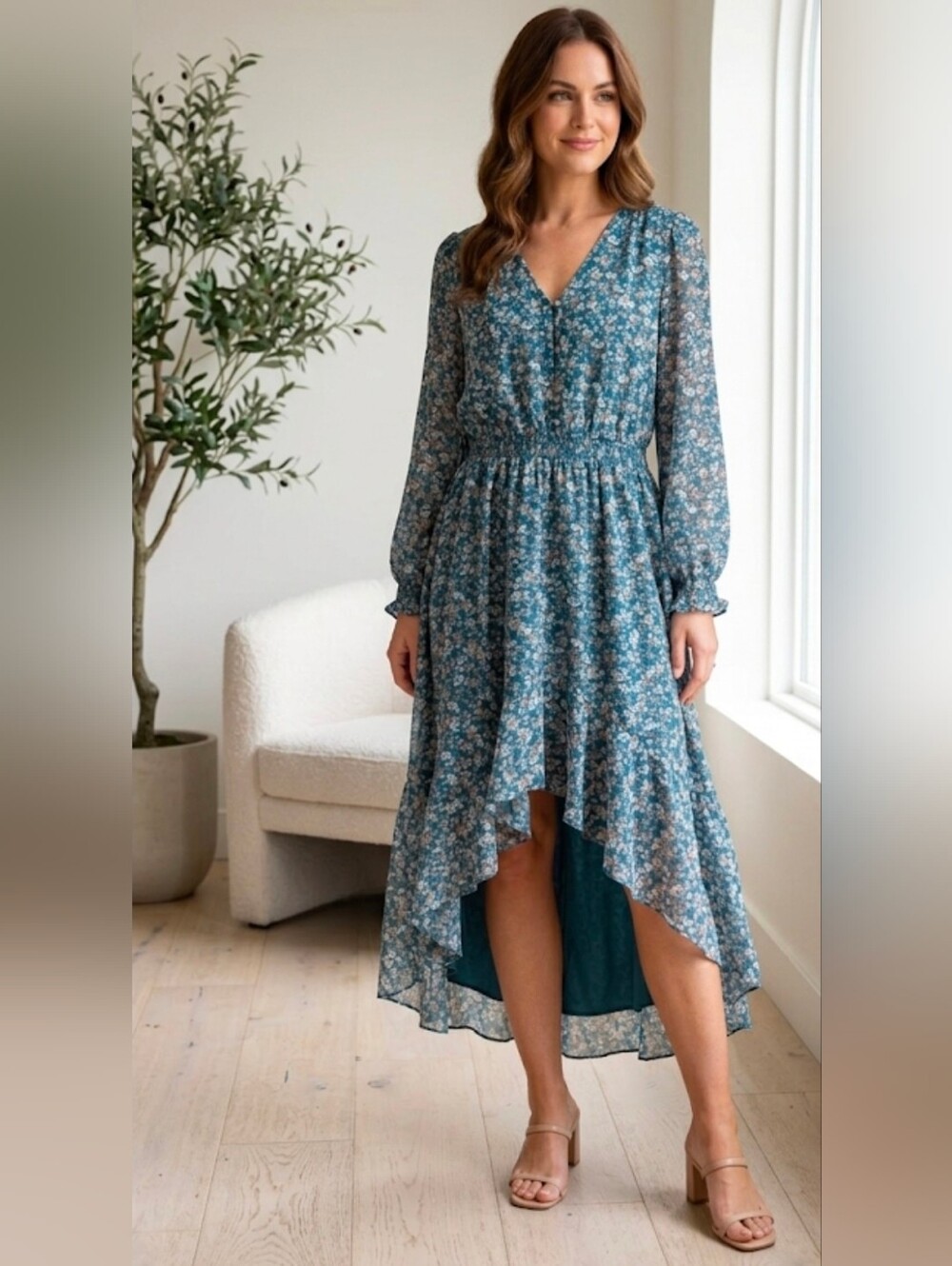 1.STATE Women Dress Teal Floral High-Low V-Neck Midi Size Medium Long Sleeves
